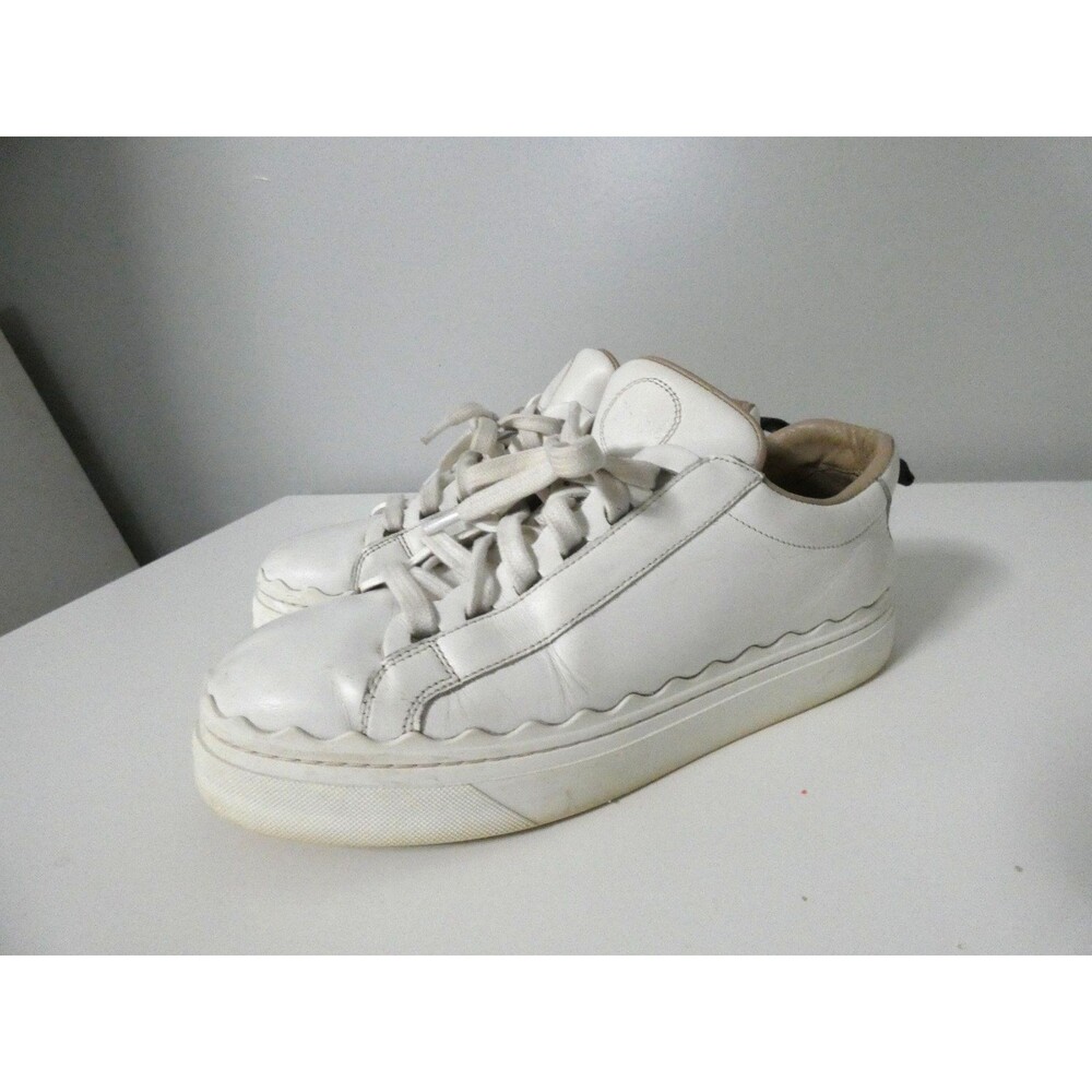Chloe Women's 37 / US 7 White Lauren Leather Scalloped Sneakers Low Top